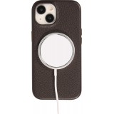 iPhone 14 Case Hülle - Vollständig genarbtes Luxuskalbsleder mit Metallknöpfen und MagSafe - Dunkelbraun
