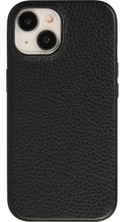 iPhone 15 Case Hülle - Vollständig genarbtes Luxuskalbsleder mit Metallknöpfen und MagSafe - Schwarz