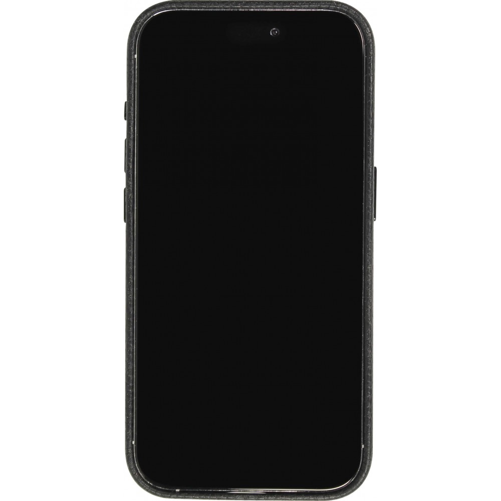 iPhone 14 Case Hülle - Vollständig genarbtes Luxuskalbsleder mit Metallknöpfen und MagSafe - Schwarz