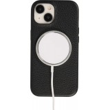 iPhone 14 Case Hülle - Vollständig genarbtes Luxuskalbsleder mit Metallknöpfen und MagSafe - Schwarz