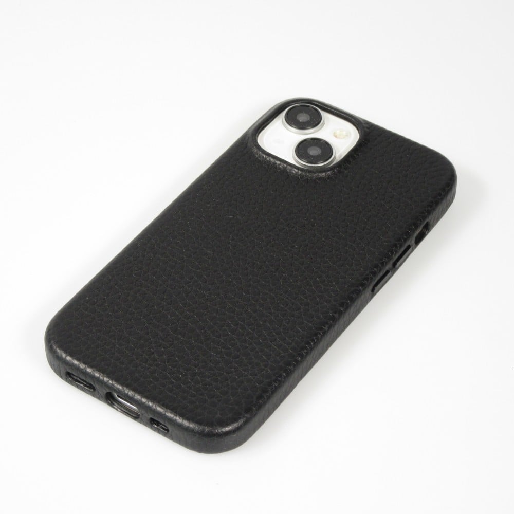 Coque iPhone 15 - Cuir de veau luxe grainé intégral avec boutons métalliques et MagSafe - Noir