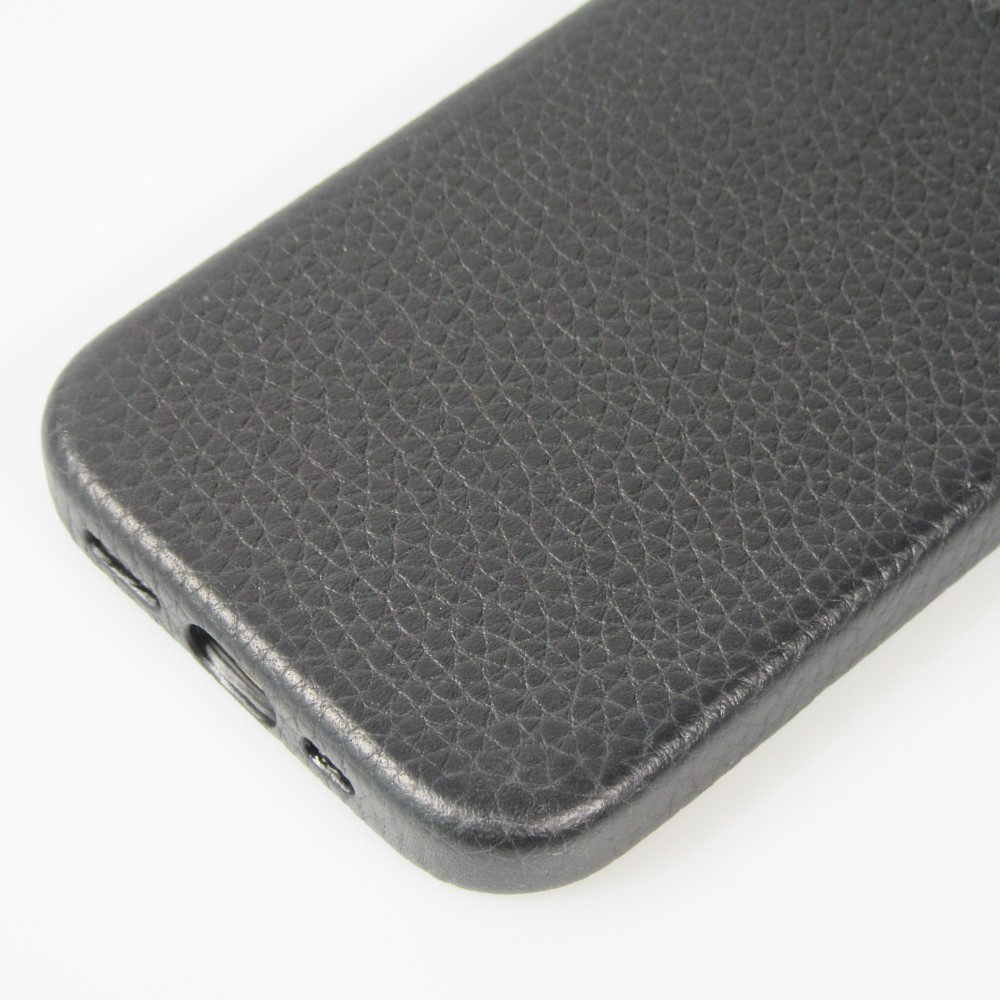 iPhone 14 Case Hülle - Vollständig genarbtes Luxuskalbsleder mit Metallknöpfen und MagSafe - Schwarz