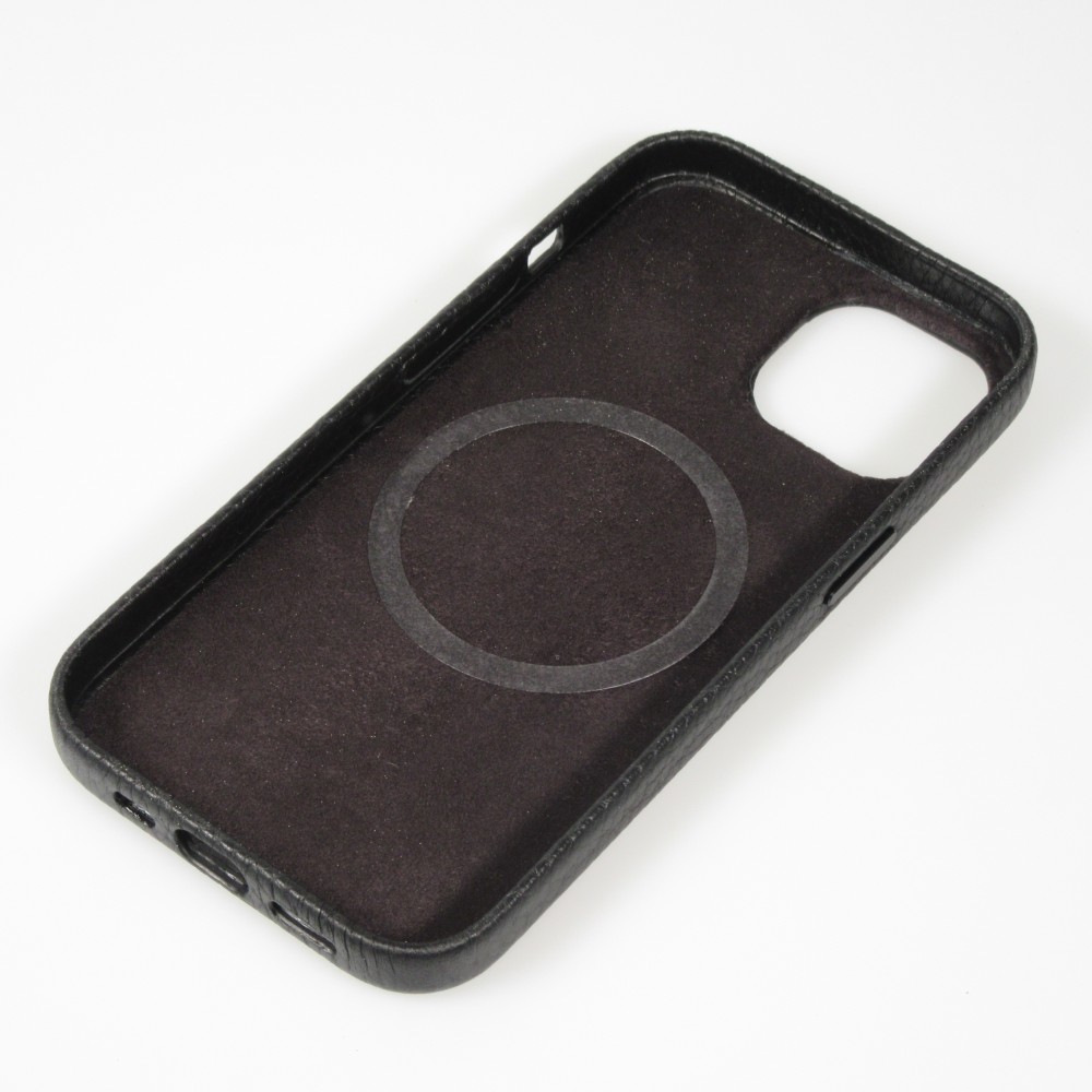 Coque iPhone 15 - Cuir de veau luxe grainé intégral avec boutons métalliques et MagSafe - Noir