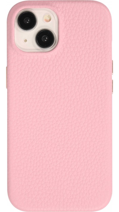 iPhone 14 Case Hülle - Vollständig genarbtes Luxuskalbsleder mit Metallknöpfen und MagSafe - Rosa