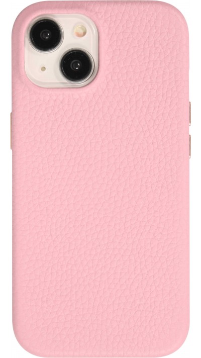 Coque iPhone 15 - Cuir de veau luxe grainé intégral avec boutons métalliques et MagSafe - Rose