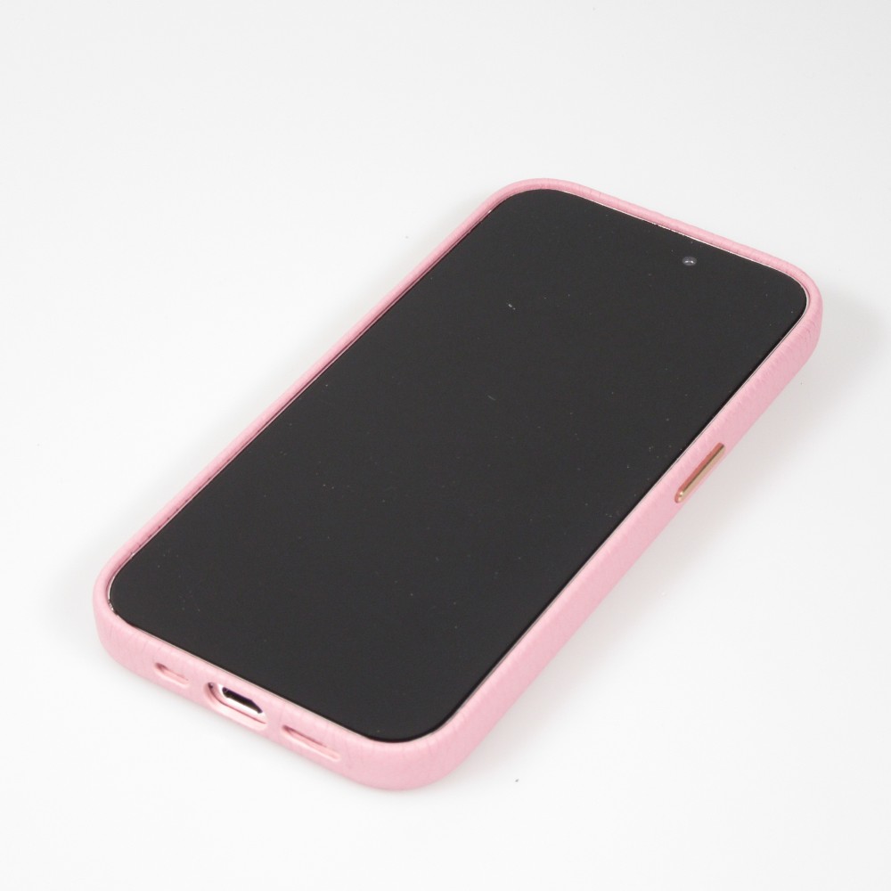 Coque iPhone 14 - Cuir de veau luxe grainé intégral avec boutons métalliques et MagSafe - Rose