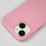 iPhone 15 Case Hülle - Vollständig genarbtes Luxuskalbsleder mit Metallknöpfen und MagSafe - Rosa