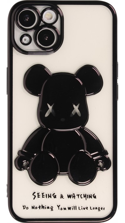 iPhone 14 Case Hülle - Gummi Dead bear 3D mit Glitzerhintergrund und schwarzen Rand - Transparent