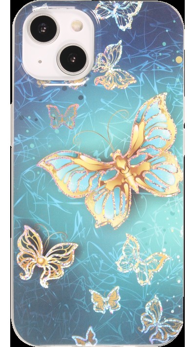 Coque iPhone 14 - Gel silicone papillon scintillant - Bleu