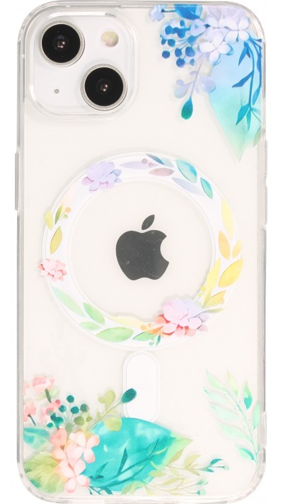 Coque iPhone 14 - Gel silicone rigide avec MagSafe fleurs de printemps - Transparent