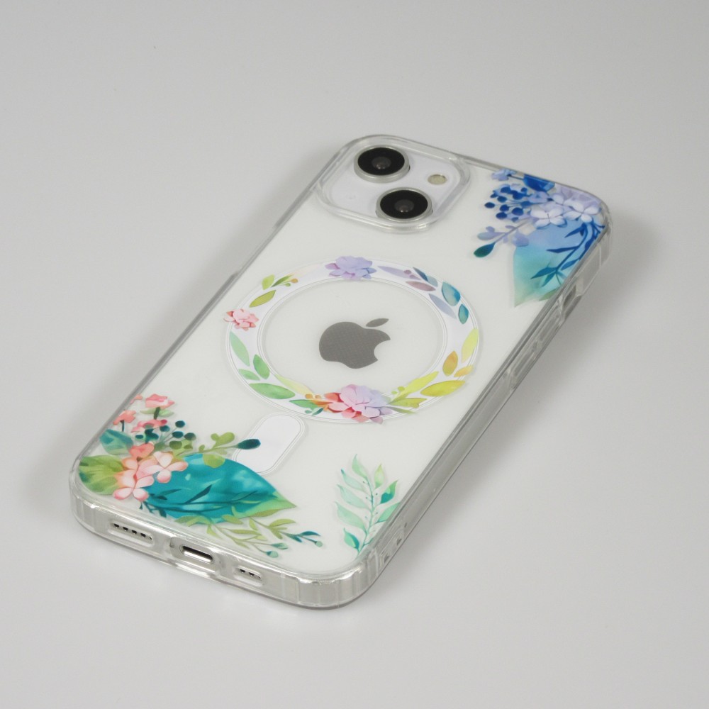 iPhone 14 Case Hülle - Gummi Silikon steif mit MagSafe Frühlings Blumen - Transparent