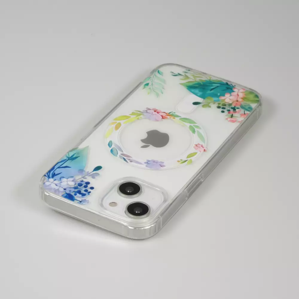 Coque iPhone 15 Plus - Gel silicone rigide avec MagSafe fleurs de printemps - Transparent