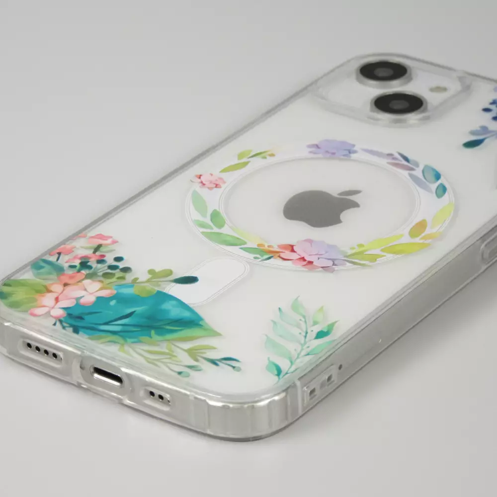 Coque iPhone 15 Plus - Gel silicone rigide avec MagSafe fleurs de printemps - Transparent
