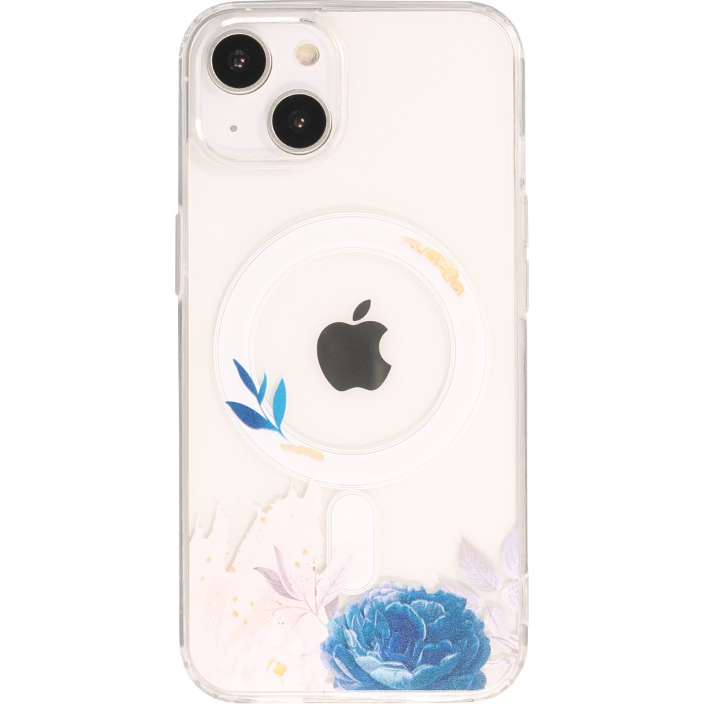 iPhone 14 Plus Case Hülle - Gummi Silikon steif mit MagSafe blaue Rose - Transparent