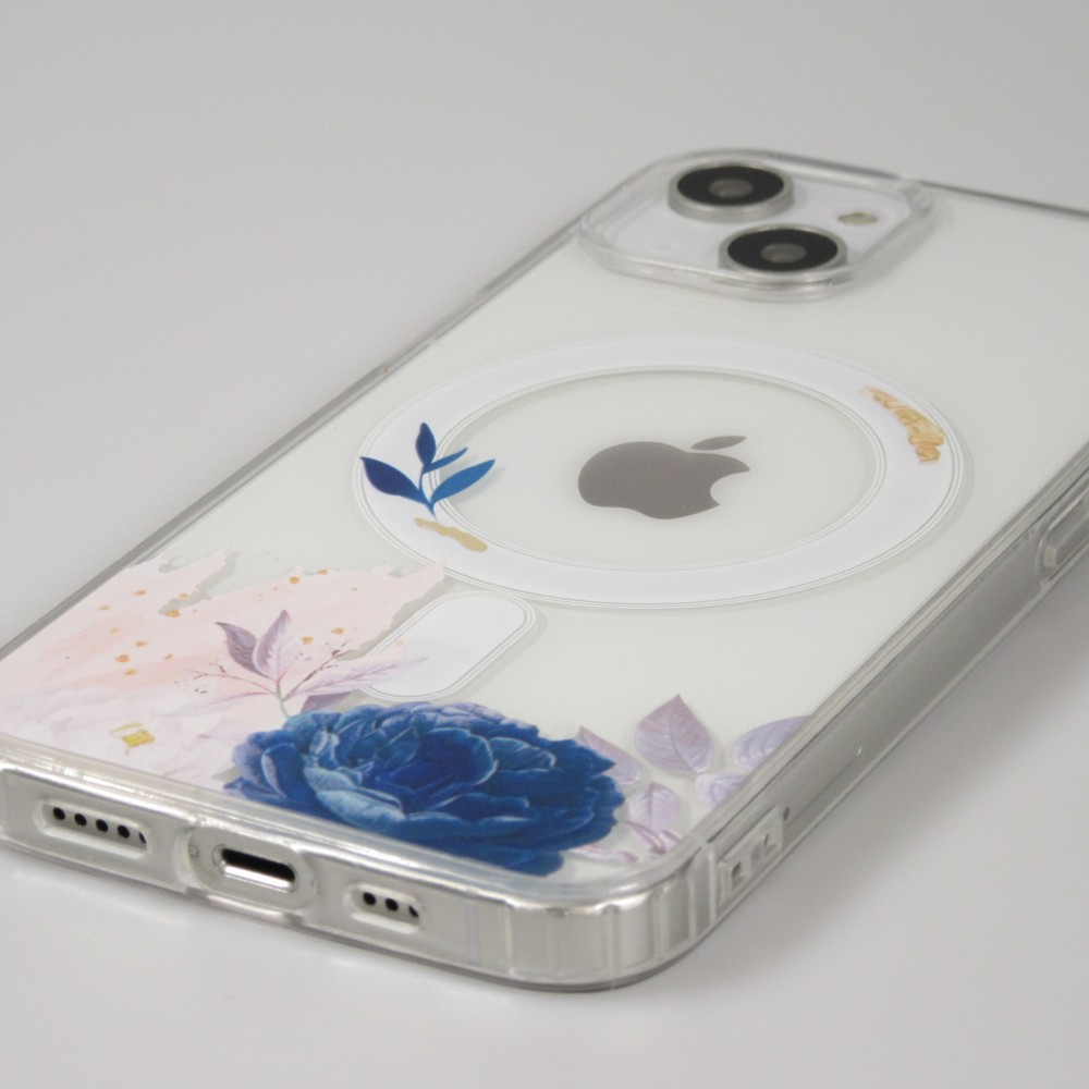 iPhone 14 Plus Case Hülle - Gummi Silikon steif mit MagSafe blaue Rose - Transparent