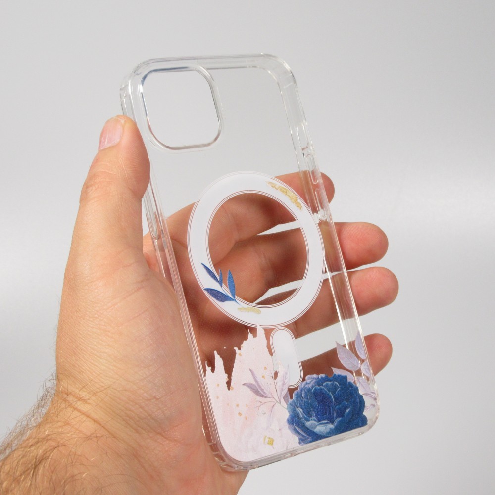 Coque iPhone 14 - Gel silicone rigide avec MagSafe rose bleue - Transparent