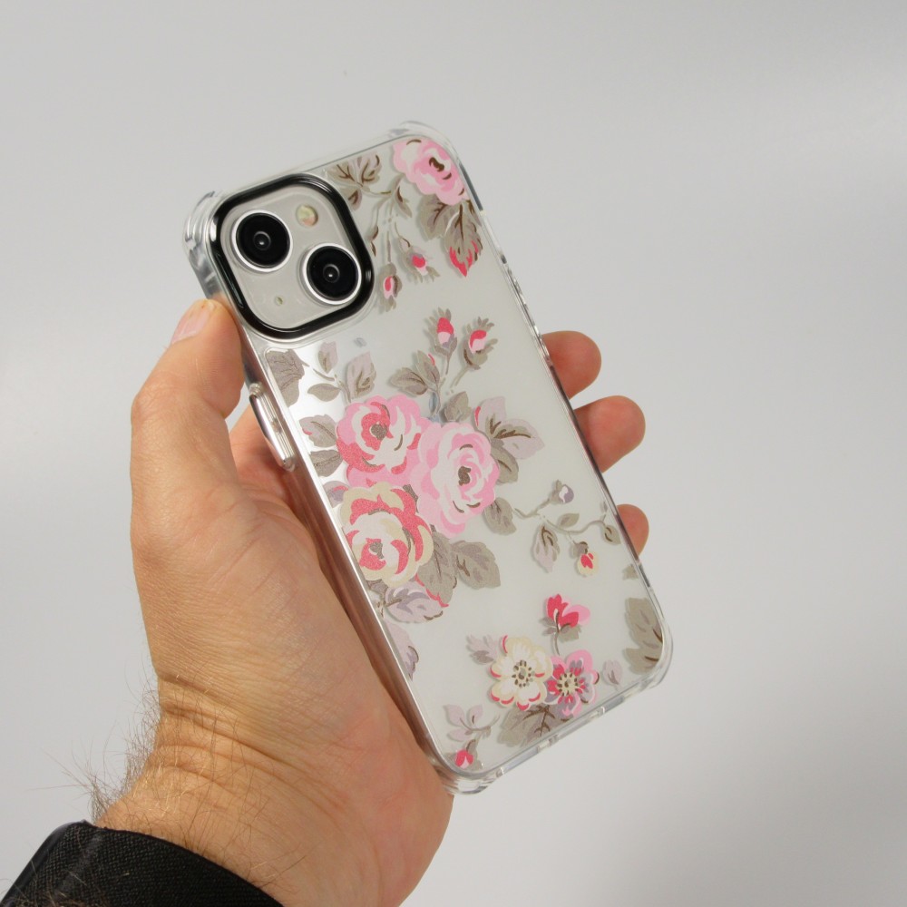 iPhone 14 Case Hülle - Straffes Gummi Silikon mit verstärkten Ecken blühende Rose - Transparent