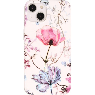 Coque iPhone 15 - Gel silicone rose florissante - Blanc