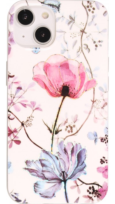 Coque iPhone 14 - Gel silicone rose florissante - Blanc