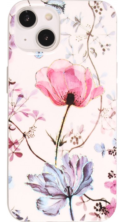 Coque iPhone 15 Plus - Gel silicone rose florissante - Blanc