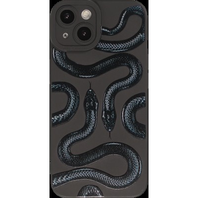 Coque iPhone 14 - Gel silicone souple avec protection caméra - Deux serpents - Noir