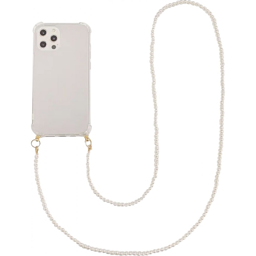 Coque iPhone 13 - Gel transparente avec chaine en perle intégrée blanc