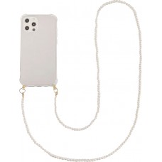 Coque iPhone 14 Pro Max - Gel transparente avec chaine en perle intégrée blanc