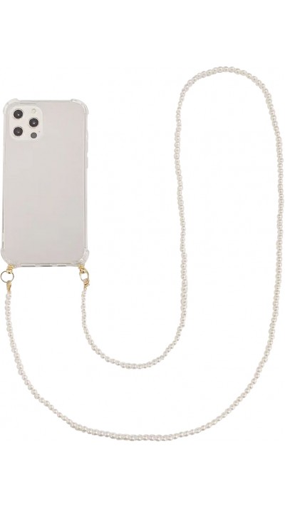 Coque iPhone 14 Pro - Gel transparente avec chaine en perle intégrée blanc