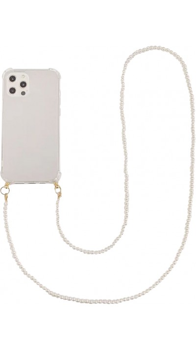 Coque iPhone 14 - Gel transparente avec chaine en perle intégrée blanc