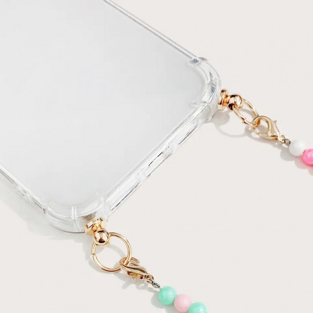 Coque iPhone 12 / 12 Pro - Gel transparente avec chaine en perle intégrée blanc
