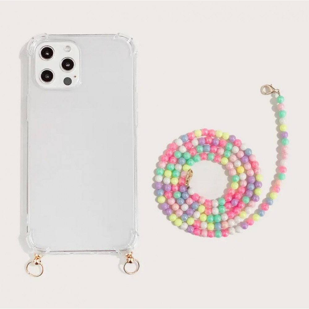 Coque iPhone 13 - Gel transparente avec chaine en perle intégrée blanc