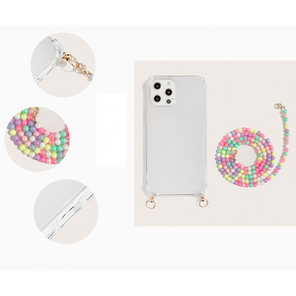 iPhone 12 / 12 Pro Case Hülle - Gummi transparent mit weisser integrierter Perlenkette
