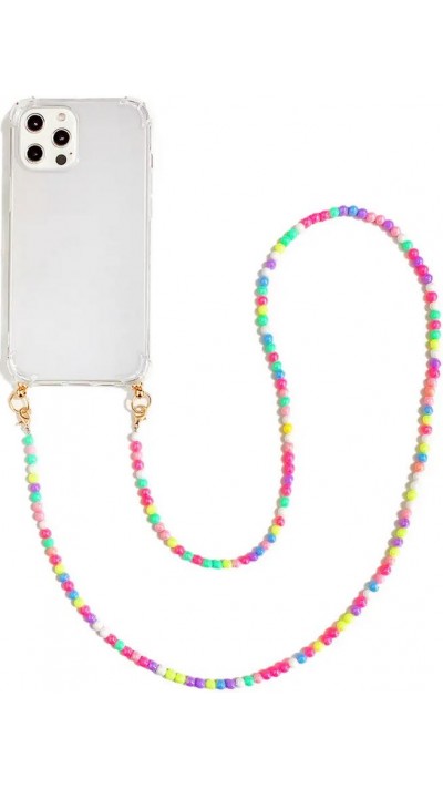 Coque iPhone 14 - Gel transparente avec chaine en perle intégrée multicolorée