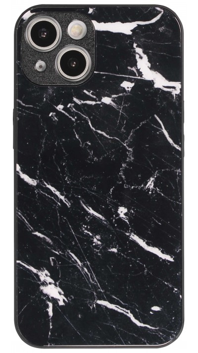 iPhone 14 Case Hülle - Glass Marmor mit Silikonrand - Schwarz