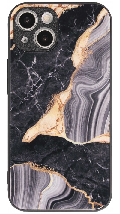Coque iPhone 14 - Glass marbre avec bord en silicone - Noir/or