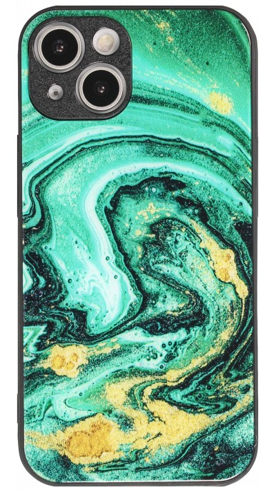 Coque iPhone 14 - Glass marbre avec bord en silicone - Vert