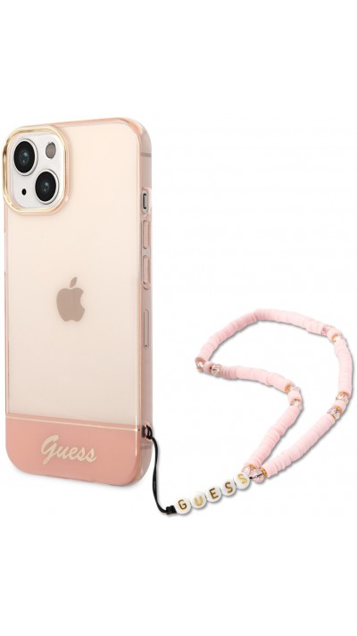 Coque iPhone 14 - Guess gel rose transparent avec logo doré et lanière en perles détachable - Rose clair