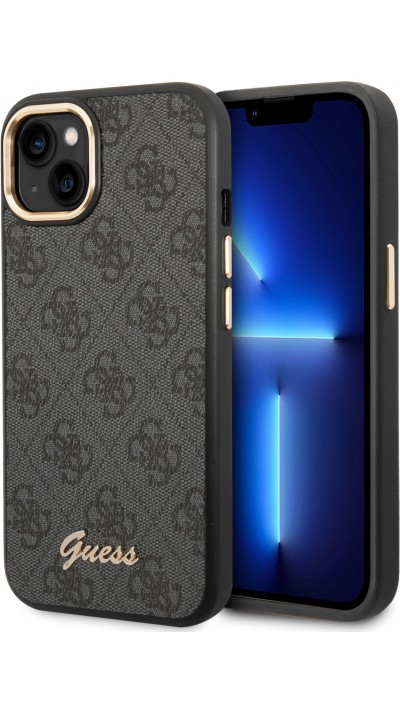 Coque iPhone 14 - Guess toile similicuir avec logo métallique doré en relief - Noir