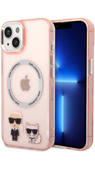Coque iPhone 14 - Karl Lagerfeld et Choupette duo gel rigide avec MagSafe argenté - Rose