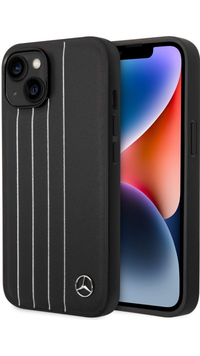 Coque iPhone 14 - Mercedes-Benz cuir véritable lignes argentées avec logo métallique - Noir
