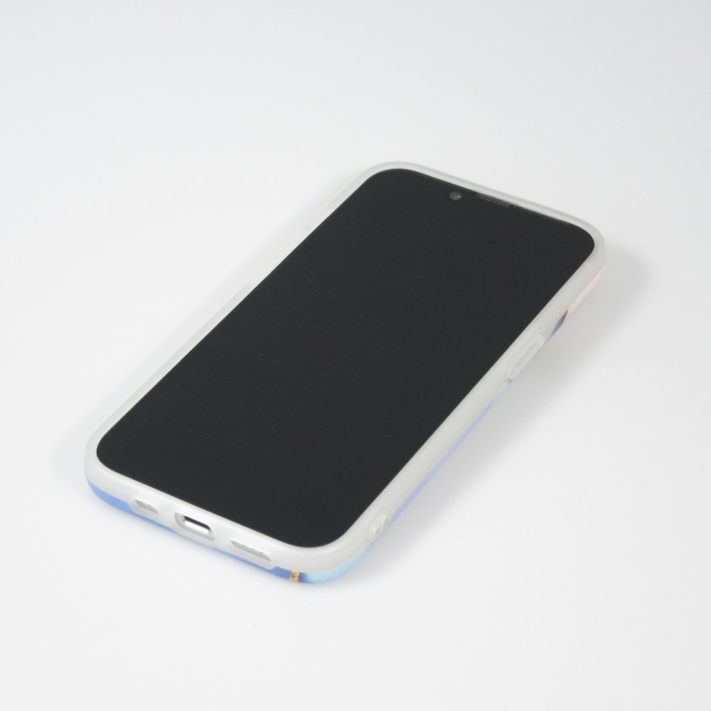 Coque iPhone 14 Plus - Silicone mat effet marbre imprimé - Bleu rose