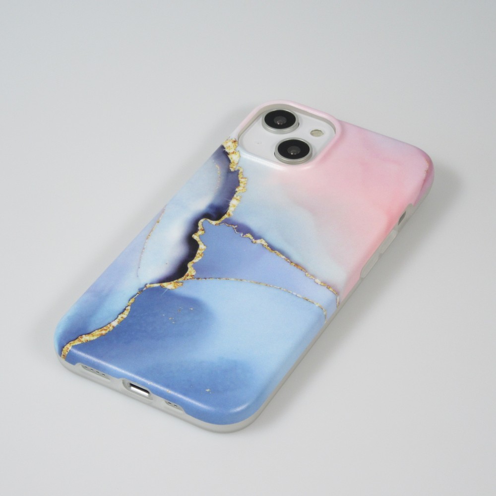 Coque iPhone 14 Plus - Silicone mat effet marbre imprimé - Bleu rose