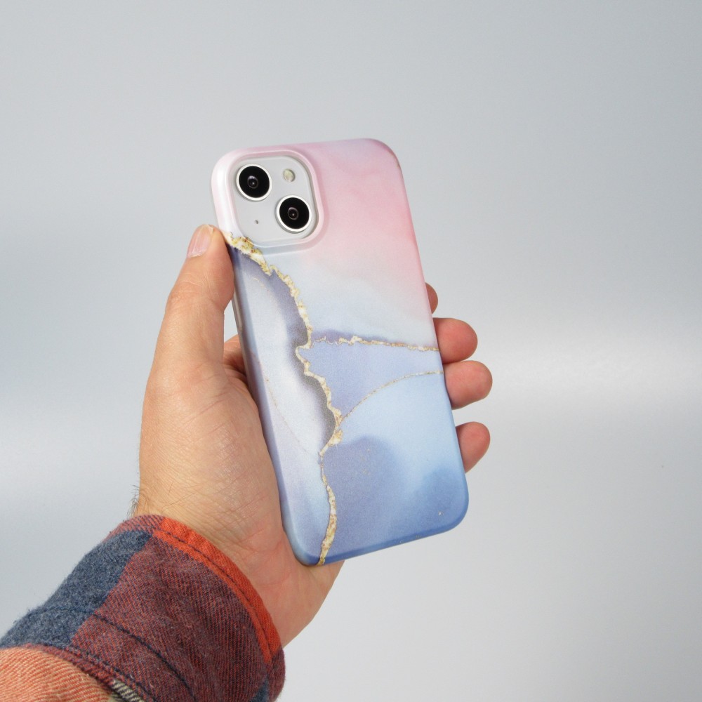 Coque iPhone 14 Plus - Silicone mat effet marbre imprimé - Bleu rose