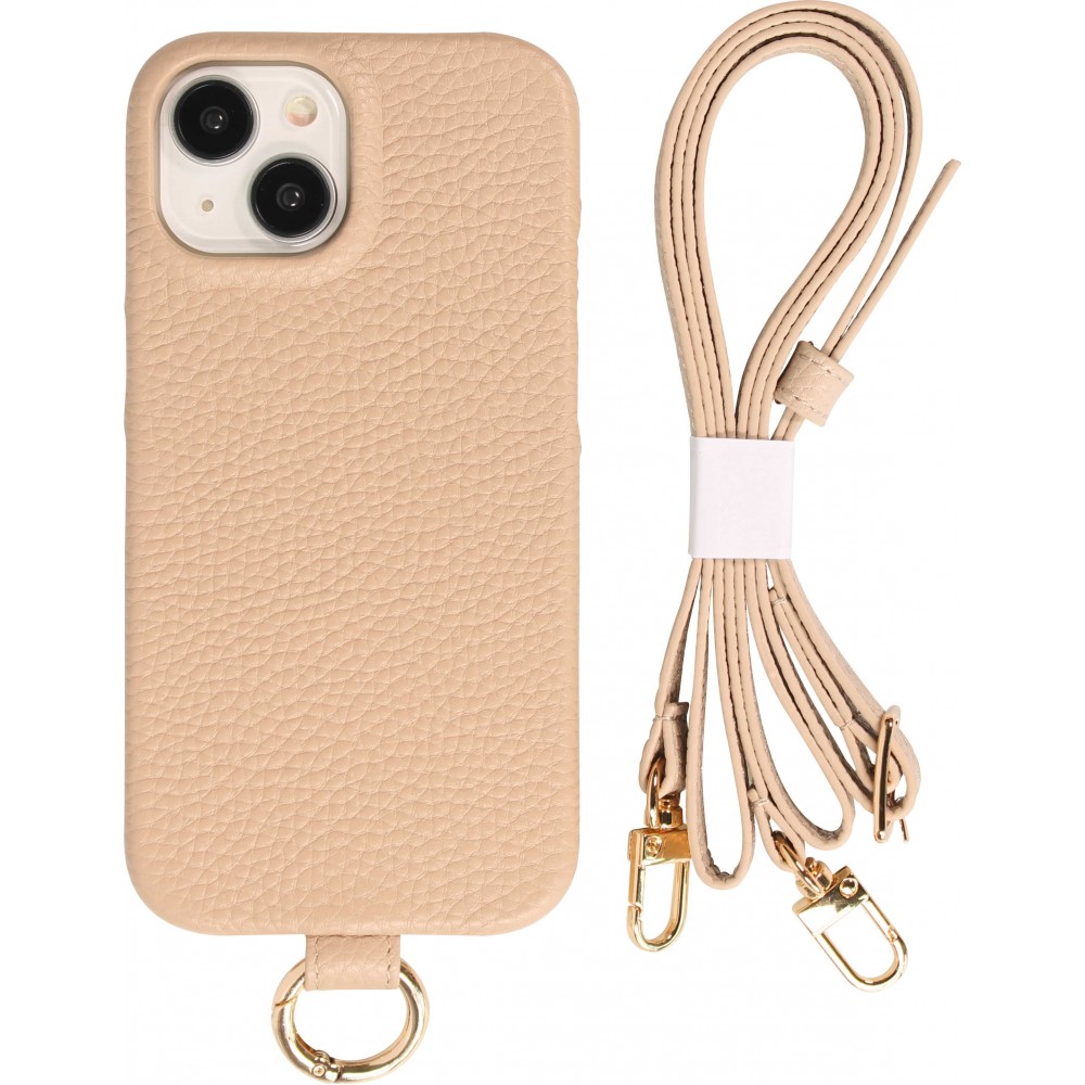 iPhone 14 Case Hülle - Premium Luxus Echtleder mit verstell- und abnehmbarem Lederriemen + MagSafe - Beige