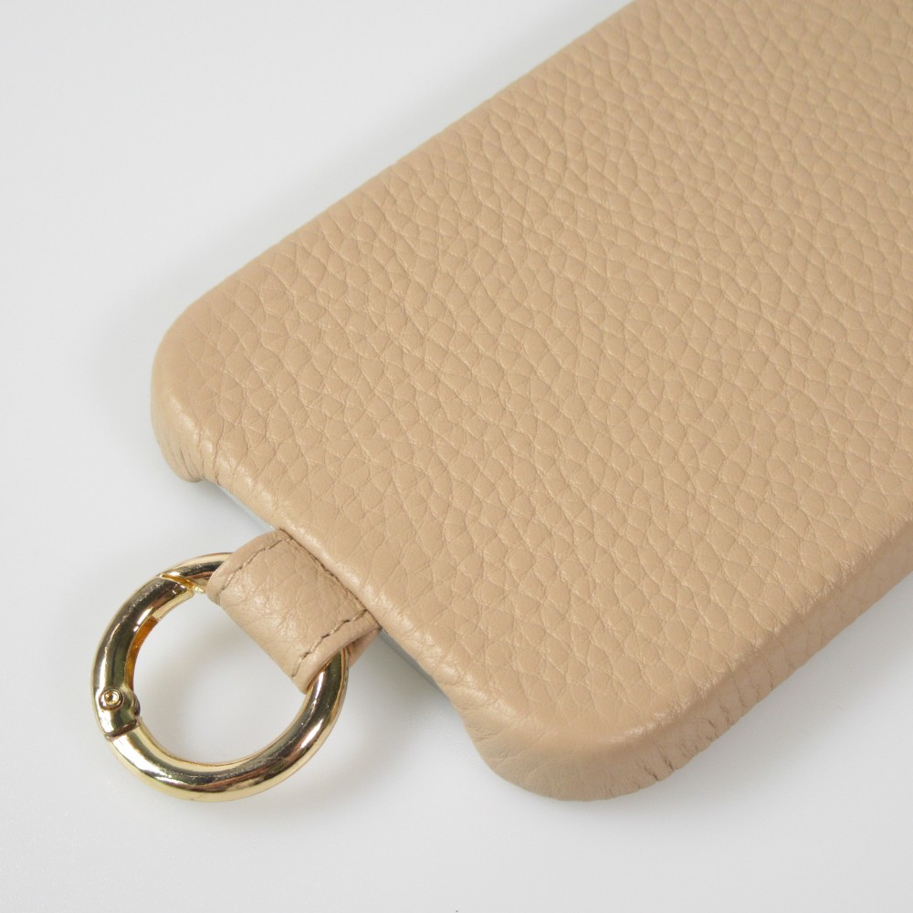 iPhone 14 Case Hülle - Premium Luxus Echtleder mit verstell- und abnehmbarem Lederriemen + MagSafe - Beige