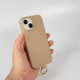 iPhone 14 Case Hülle - Premium Luxus Echtleder mit verstell- und abnehmbarem Lederriemen + MagSafe - Beige