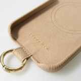 iPhone 14 Case Hülle - Premium Luxus Echtleder mit verstell- und abnehmbarem Lederriemen + MagSafe - Beige