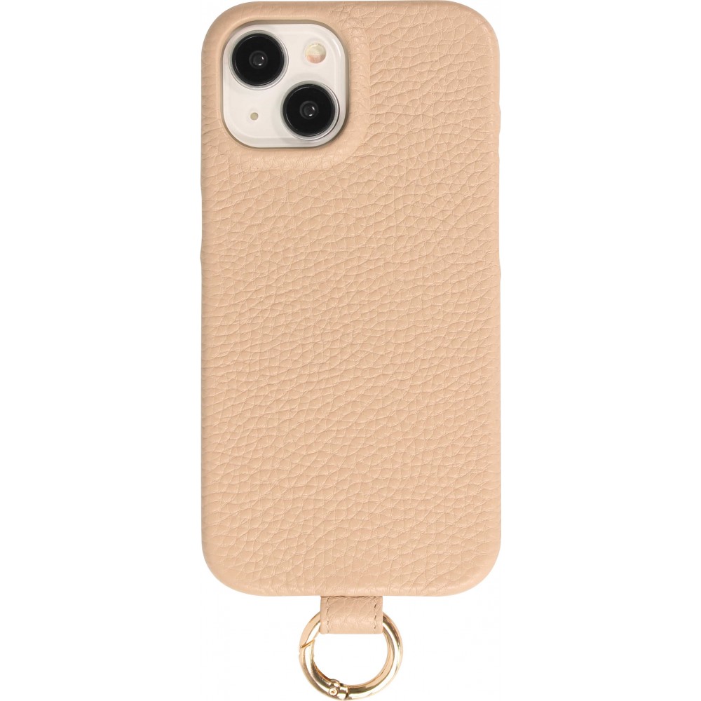 iPhone 14 Case Hülle - Premium Luxus Echtleder mit verstell- und abnehmbarem Lederriemen + MagSafe - Beige