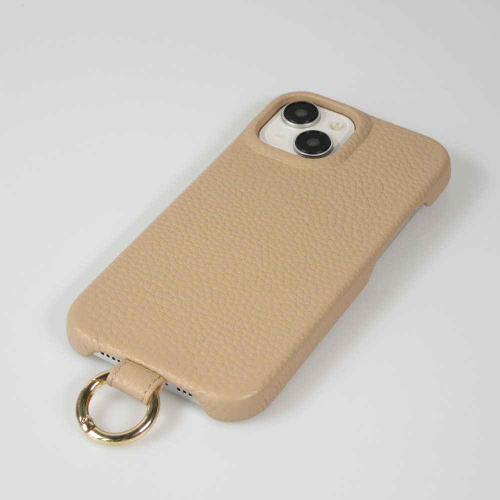 iPhone 14 Case Hülle - Premium Luxus Echtleder mit verstell- und abnehmbarem Lederriemen + MagSafe - Beige