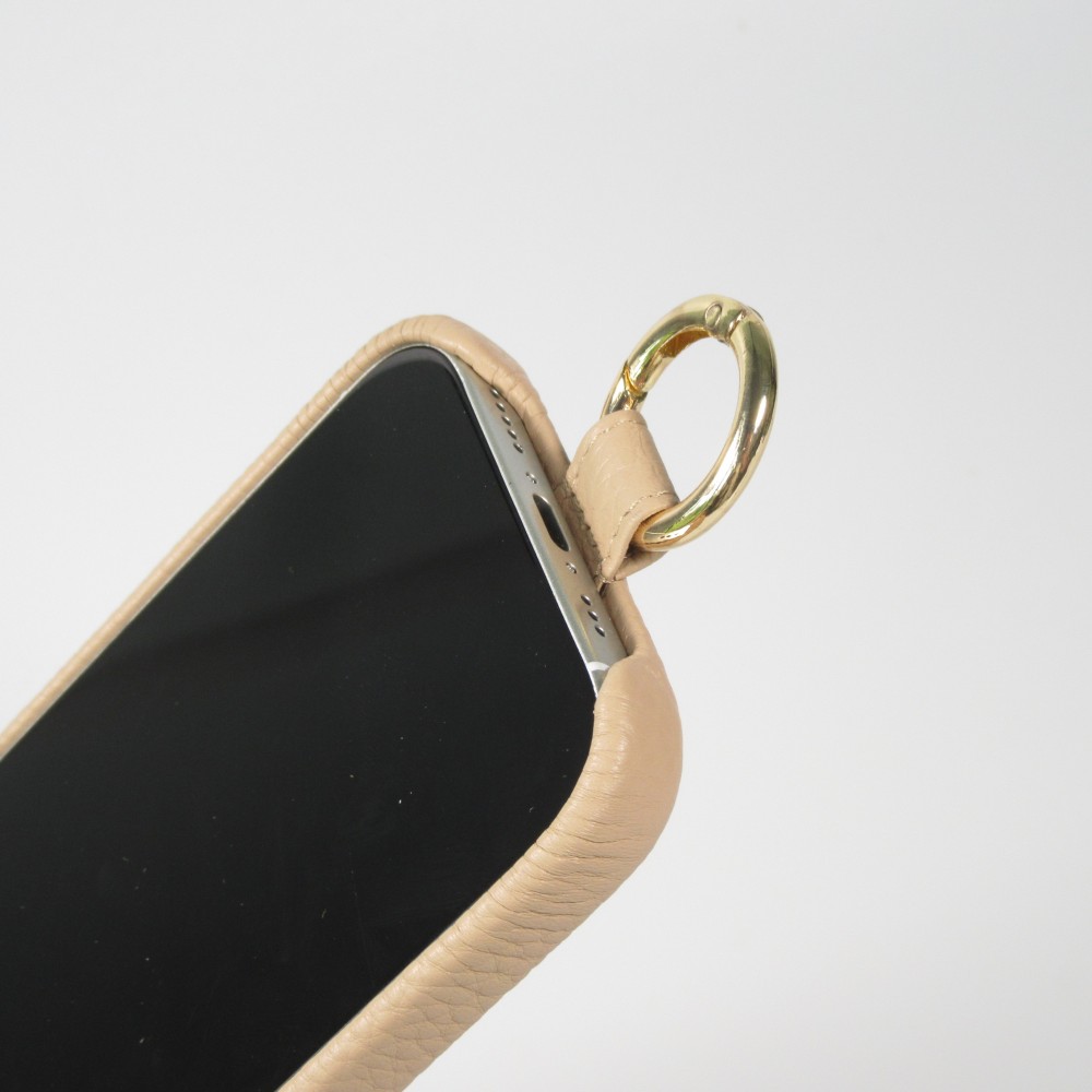 iPhone 14 Case Hülle - Premium Luxus Echtleder mit verstell- und abnehmbarem Lederriemen + MagSafe - Beige